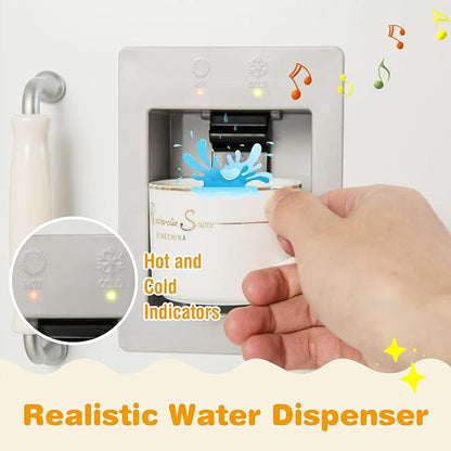 HONEY JOY Corner Kids Kitchen Playset, Little Chef Wooden Play Kitchen for Toddlers, Water Dispenser, Microwave, Range Hood, Refrigerator, Cookware, Modular Pretend Toy Kitchen Set w/Lights & Sounds