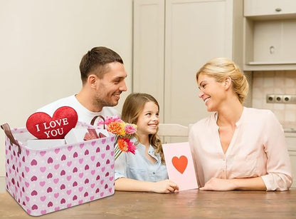 NTAOHAMPER Rectangular Pink Heart Gift Basket Empty,Fabric Storage Basket with Handles,Kids Toys/Books Box,Lovely Storage Bin,Room Decor(Pink Love)