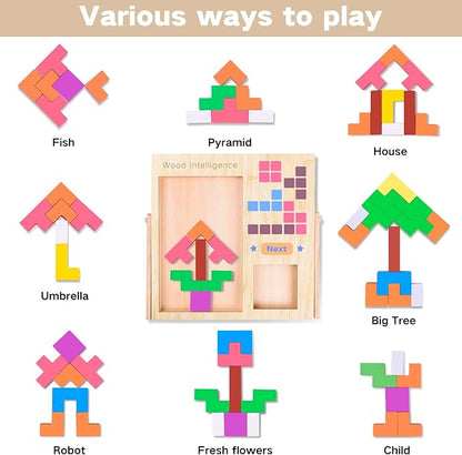 FFTROC Wooden Puzzles for Kids Ages 4-8 8-10 Thick Colorful 3D Russian Blocks and Brain Teaser Tangram Jigsaw STEM Intelligence Toys Educational Gift for Toddlers 3 4 5 6 7 Years Old Boys Girls