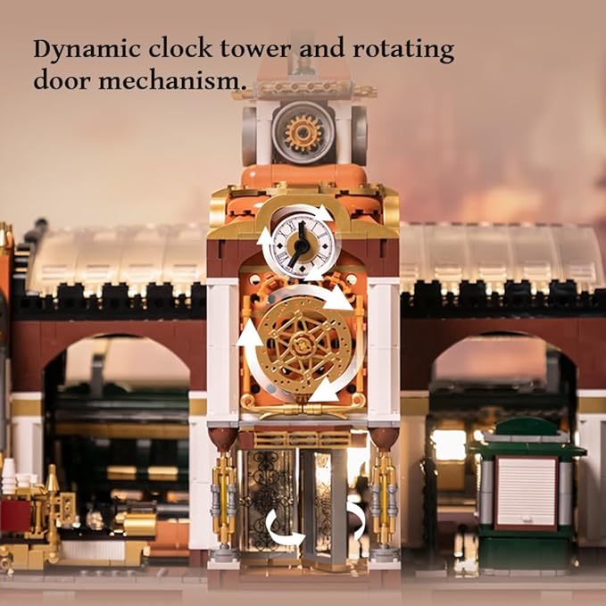 PANTASY Train Station Architecture Building Set, Steampunk Railway Station Building-Bricks Set, Features a Buildable Train, Tracks, Ticket Office Construction Building Toy Kit for Adults and Teen