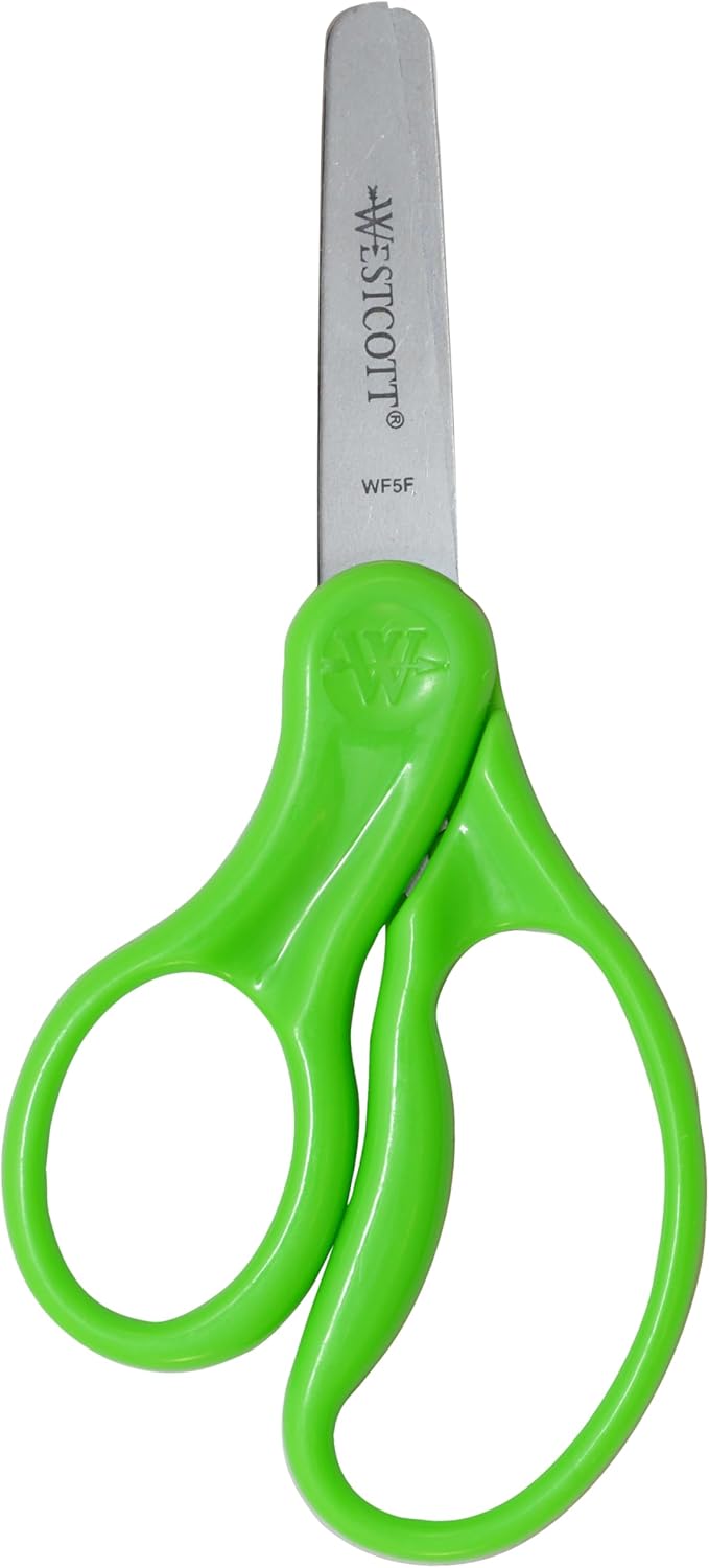 Westcott 13594 Left-Handed Scissors, Hard Handle Kids' Scissors, Ages 4-8, 5-Inch Blunt Tip, Color Varies