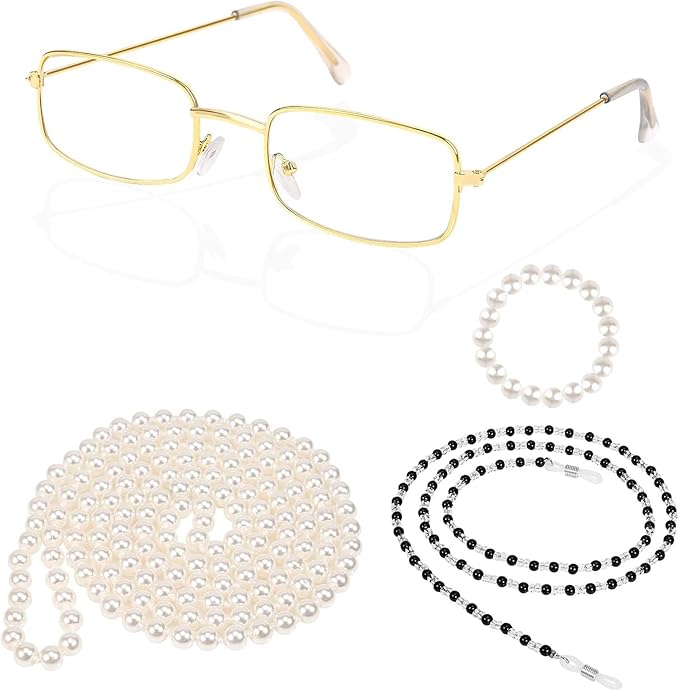 Kavoc 4Pcs Old Lady Costume Accessories Granny Grandma Dress up Eyeglasses Beaded Chain Faux Pearl Bead Necklace and Bracelet