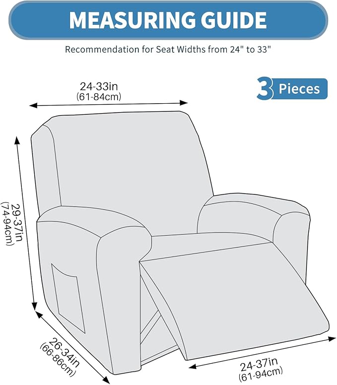 JIVINER 3 Piece Recliner Chair Cover Stretch Lazy Boy Non Slip Covers for Recliner with Pockets Soft Jacquard Reclining Sofa Slipcovers Furniture Protector with Elastic Bottom (1 Seater, Khaki)