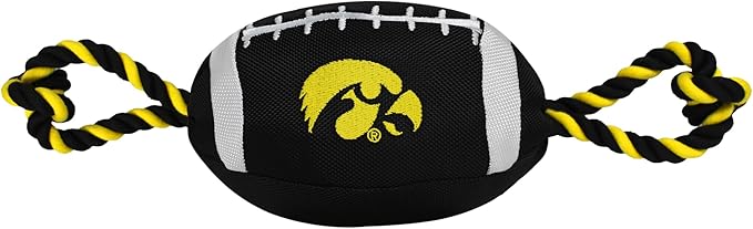 Pets First NCAA Iowa Hawkeyes Football Dog Toy, Tough Quality Nylon Materials, Strong Pull Ropes, Inner Squeaker, Collegiate Team Color