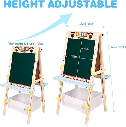 Kids Easel with Paper Roll Double-Sided Whiteboard & Chalkboard Standing Easel with Numbers and Other Accessories for Kids and Toddlers (with Abacus)