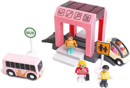 School Bus Station Toy for Wooden Train Track, DIY Extend Station Playset for Railroad Train Track,Preschool Learning Educational Toys for Toddlers Kids Age 3 and up