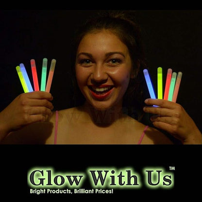 Glow Sticks Bulk Wholesale, 100 4” Glow Stick Light Sticks. Assorted Bright Colors, Kids Love Them! Glow 8-12 Hrs, 2-Year Shelf Life, Sturdy Packaging, GlowWithUs Brand