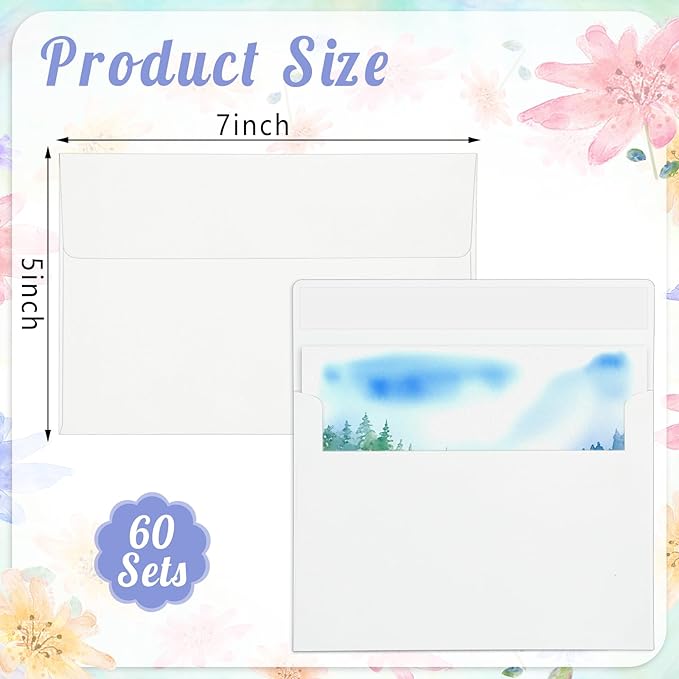 Prudiut 60 Sets Watercolor Paper with Envelopes, 140 lb/300 GSM NOT FOLDABLE Watercolor Paper Cards Blank Watercolor Postcards for Christmas Greeting Cards, Wedding Invitations, Thank You Cards