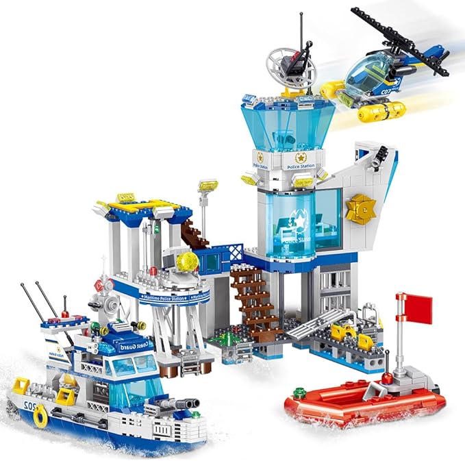 Police Station Building Blocks Set, 800pcs Building Toy with Ship,Boat & Helicopter for Boys 6+,Compatible with Lego