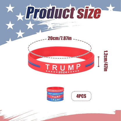 4pcs Trump Bracelets, Silicone Trump 2024 Bracelet Take America Back Bracelet Keep America Great Wristband Donald Trump Rubber Bracelets for Men Women Rally Supplies (Red, Blue)
