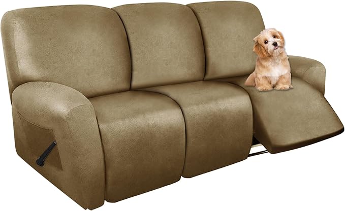 molasofa Recliner Sofa Covers - 8 Pieces Stretch Leather Like Large Couch Covers for 3 Seats Reclining Slipcovers Soft Jacquard Pattern Furniture Protector with Elastic Bottom (Mustard)