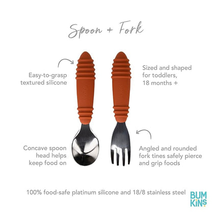Bumkins Toddler Utensils, Kids Size Fork and Spoon Set, Silicone and Stainless-Steel Training Silverware, Angled Forks/Sporks for Self-Feeding, Children Hold Learning to Eat, 18 Months Up, Clay