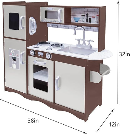 Kitchen Playset for Kids Ages 3-8, Wooden Pretend Play Kitchen with Realistic Sounds, Including Telephone, Ice Maker, Refrigerator, Dimensions: 35” H x 31” W x 12” D (Black)