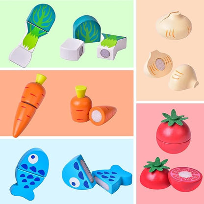 FUN LITTLE TOYS 12 Pcs Wooden Pretend Cutting Play Food Set for Kids Aged 3+, Early Education Toy for Toddlers, Veggie Slicers Playset, Toys Food and Vegetables with Storage Case
