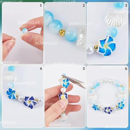 SUNNYCLUE 1 Box 174Pcs DIY 6 Sets Bracelet Making Kit Plumeria Flower Beads Polymer Clay Beads Summer Ocean Hawaiian Shell Bead Imitation Pearl Beads for Jewelry Making Kits Adult Women Gifts Supplies