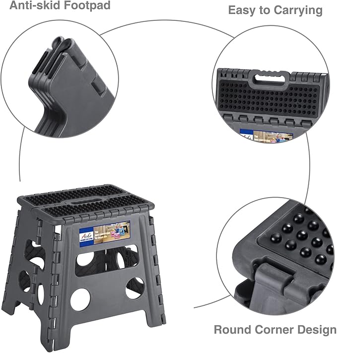 ACKO Folding Step Stool 13 inch Height Premium Heavy Duty Foldable Step Stools for Adults and Kids, Kitchen Plastic Small Collapsible Stepping Stool Hold Up to 300 LB Dot Grey (1 Pack)