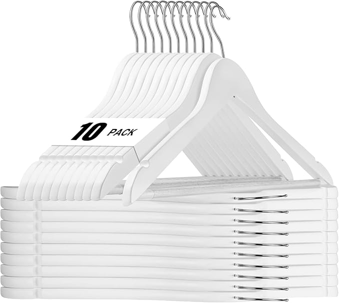 HOUSE DAY White Wooden Hangers 10 Pack Wood Clothes Hangers Smooth Finish Wooden Coat Hangers for Closet Heavy Duty Hangers Solid Wood Hangers Suit Hangers for Clothes, Jacket, Shirt, Tank Top, Dress