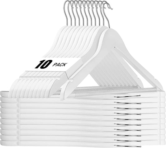 HOUSE DAY White Wooden Hangers 10 Pack Wood Clothes Hangers Smooth Finish Wooden Coat Hangers for Closet Heavy Duty Hangers Solid Wood Hangers Suit Hangers for Clothes, Jacket, Shirt, Tank Top, Dress