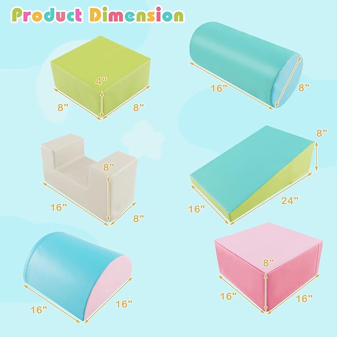 HONEY JOY 6-Piece Climb and Crawl Playset, Soft Climbing Foam Block Activity Play Structure Gym Equipment for Infant Baby, Color Coordination, Waterproof Indoor Climbing Toys for Toddlers (Green)