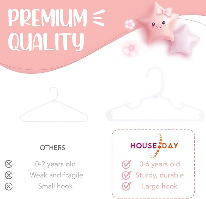 HOUSE DAY Plastic Baby Hangers for Closet 20 Pack, Durable Plastic Kids Hangers for Baby Clothes, Thin & Compact Childrens Hangers, Space Saving White Baby Hangers, Small Hangers for Kids Clothes