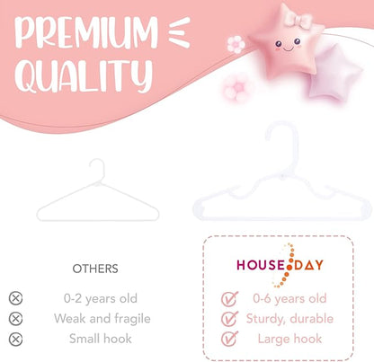 HOUSE DAY Plastic Baby Hangers for Closet 60 Pack, Durable Plastic Kids Hangers for Baby Clothes, Thin & Compact Childrens Hangers, Space Saving White Baby Hangers, Small Hangers for Kids Clothes