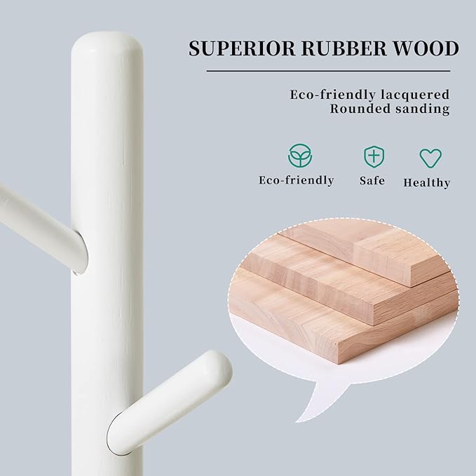 Standing Coat Rack White Coat Stand with 8 Hooks and 3 Height Options, Wood Kids Coat Tree with Sturdy Round Base, Small Hall Tree White YD-1009