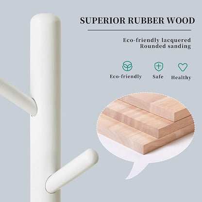 Standing Coat Rack White Coat Stand with 8 Hooks and 3 Height Options, Wood Kids Coat Tree with Sturdy Round Base, Small Hall Tree White YD-1009