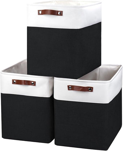 Bagnizer Large Fabric Storage Baskets | 50L Storage Bins, Decorative Linen Closet Baskets with Handles for Organizing, Shelf, Toys, Clothes, Home, Office, Nursery, 17x12x15Inches (Black&White)