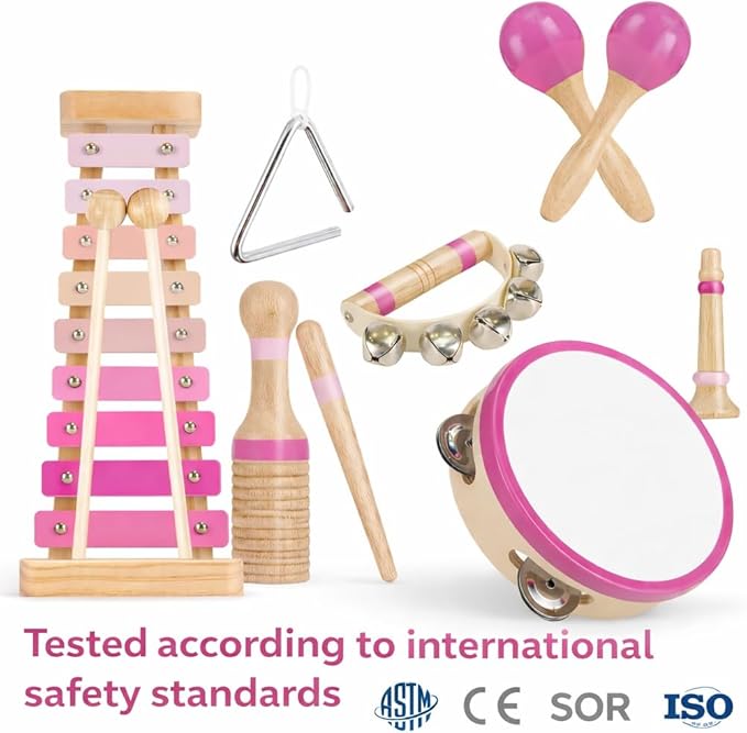 Stoie's Wooden Toddler Musical Instruments with Xylophone, Maracas, Triangle, Tamburine for Babies and Kids, Eco Friendly Montessori Educational Toy