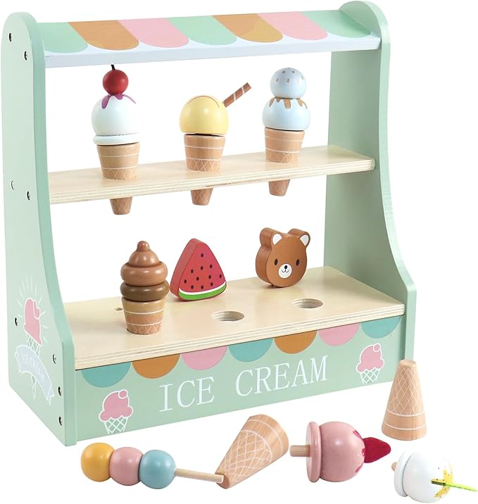 Wooden Ice Cream Play Set, Ice Cream Shop Playset for Skills Development, Ice Cream Toy,Ice Cream Play Set, Ice Cream Toy for Toddlers 3 4 5 6, for Girls and Boys