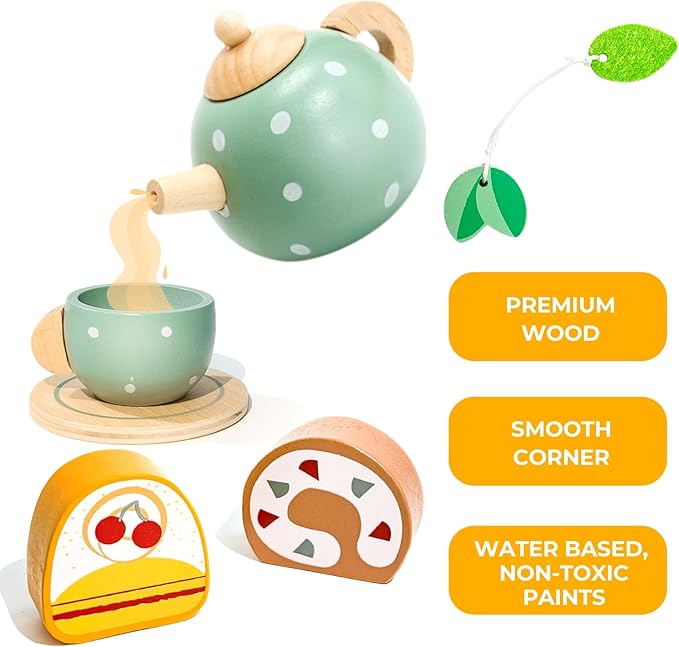 Tea Party Set for Little Girls with Cupcake Stand, Wooden Tea Set Toys for Girls Age 3 4 5 6 7 Year Old, Toddler Kids Kitchen Pretend Play Toys for Girls