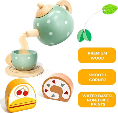 Tea Party Set for Little Girls with Cupcake Stand, Wooden Tea Set Toys for Girls Age 3 4 5 6 7 Year Old, Toddler Kids Kitchen Pretend Play Toys for Girls