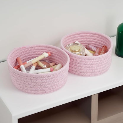 Small Storage Basket, Set of 3 Woven Baskets, Cotton Rope Small Baskets for Organizing, Cute Mini Tiny Round Basket, Bathroom Organization Bin (Pink)