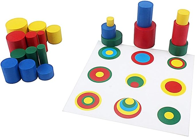 Montessori Colored Cylinders With Control Cards Kids Wooden Knobless Blocks Shape & Color Recognition Material Toys (Colored Cylinders With Control Cards)