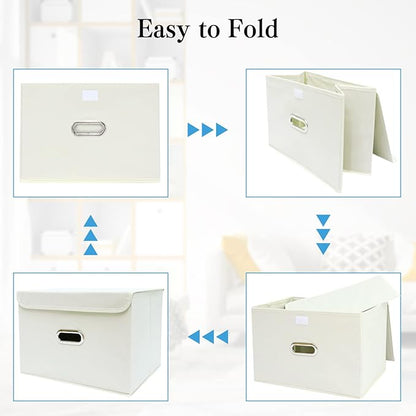 STOREONE Fabric Storage Cube Bins Foldable Organizer Container Collapsible Basket with Lids and Metal Handles, for Home, Bedroom, Closet 3 Pcs (Creamy-White)