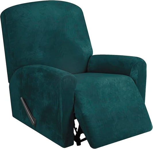 FestiCorp Recliner Chair Covers Real Velvet 4-Pieces Recliner Covers for Small Lazy Boy Recliner Chair Stretch Recliner Sofa Slipcovers Protector with Side Pocket & Elastic Bottom, Emerrald Green