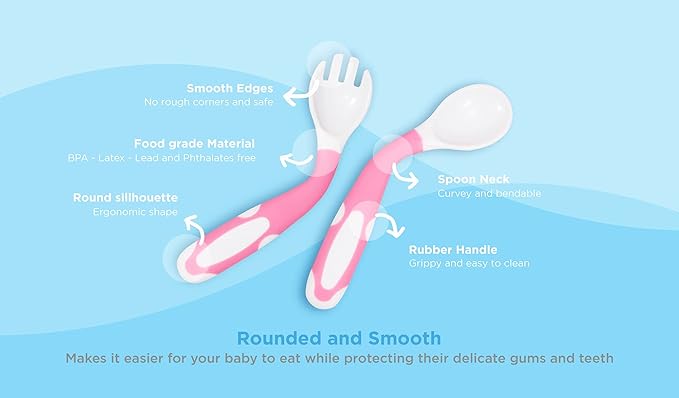 Bendable Baby and Toddler forks and spoons Utensils Silverware Set for Kids, 2 Sets (Pink/Pink) – Gum Friendly 2 Toddler Spoons and 2 Forks Self Feeding and Infant Baby Training and toddler silverware