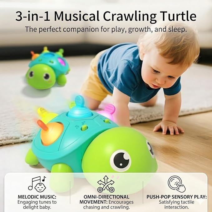 3-in-1 Musical Crawling Turtle Baby Toy - Tummy Time Toy with Smart Obstacle Avoidance, Push-and-Pop Sensory Shell & Sleep Soothing, Baby Infant Toys for 0-12 Months