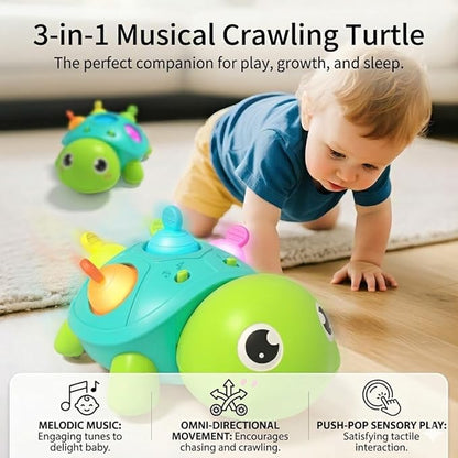 3-in-1 Musical Crawling Turtle Baby Toy - Tummy Time Toy with Smart Obstacle Avoidance, Push-and-Pop Sensory Shell & Sleep Soothing, Baby Infant Toys for 0-12 Months