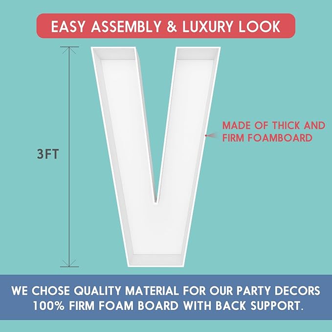 3FT Tall Mosaic Balloon Frame Letters Big Marquee Light Up Letters DIY Kit for Birthday Party Wedding Backdrop Decor Letter V Pre-Cut Foam Board