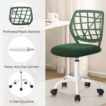 Kids Desk Chair, Fabric Office Chair Armless Small Mid Back Swivel Children Computer Task Chair Ergonomic Height Adjustable Study Chairs with Swivel Padded Cushion and Rolling Wheels, Dark Green