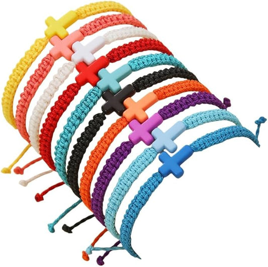 Adjustable Handmade Cross Braided Rope Bracelet for Christian Colorful Matching Couple Charm Jewelry Inspirational Religious Woven Bracelet Birthday Easter Thanksgiving Christmas Gifts