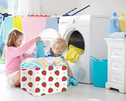 NTAOHAMPER Rectangular Storage Basket Empty, Storage Bin with Handles, Room Decor, Gift Basket, Book Box(Strawberry)