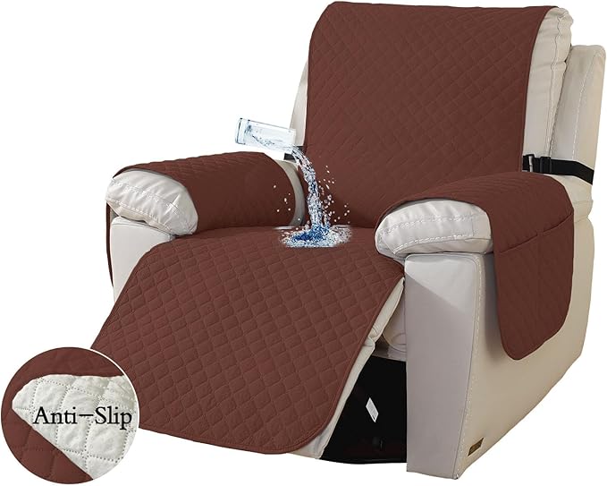 Waterproof Recliner Chair Cover,Non-Slip Covers for Recliner Chair with Pocket,Washable Slipcover Furniture Protector with Elastic Straps for Kids,Dogs,Pets,Brown Coffee