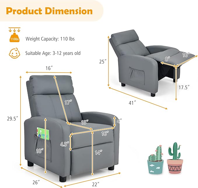 Costzon Kids Recliner, Adjustable PU Leather Lounge Chair w/Side Pockets, Footrest, Headrest for Kids Room & Play Room, Easy to Clean, Padded Recliner Sofa for Children Boys Girls Aged 3-12 (Grey)