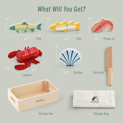 PairPear Wooden Play Food Cutting Seafood Set - Toddlers Wooden Toy Food Pretend Play Kitchen Accessories for 3 Years Old Boys Girls Early Education Toys Gift