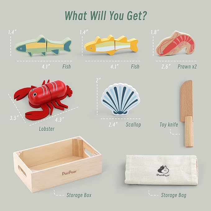 PairPear Wooden Play Food Cutting Seafood Set - Toddlers Wooden Toy Food Pretend Play Kitchen Accessories for 3 Years Old Boys Girls Early Education Toys Gift