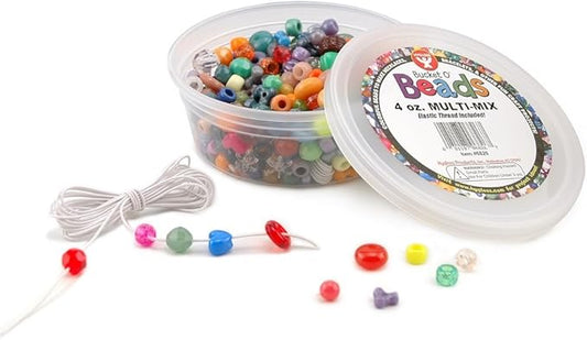 Hygloss Products, Assorted Bucket O’ Beads, Multi-Mix, Sizes, 4 Oz. Container (with Elastic Thread)