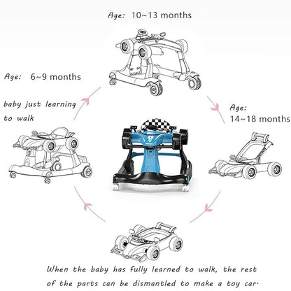 4-in-1 Baby Walker, Foldable Activity Walker with Adjustable Height & Speed, Music, Lights, Steering Wheel, Activity Baby Push Walker for Boys Girls Aged 6–18 Months (Blue)