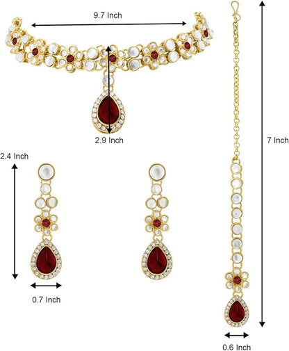 Aheli Traditional Gold Plated Kundan Beads Studded Choker Necklace Dangle Earrings & Maangtikka Set Ethnic Fashion Jewellery Gift for Women
